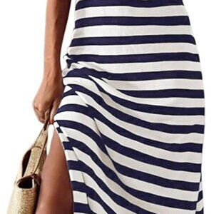 Casual Women's Maxi Dress Short Sleeve Color Block Stripe Summer Flowing